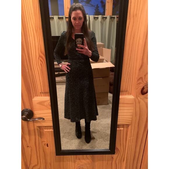 GREAT JONES Forest Green Leopard Jacquard Knit V-Neckline Hourglass Dress sz XS - Picture 15 of 15